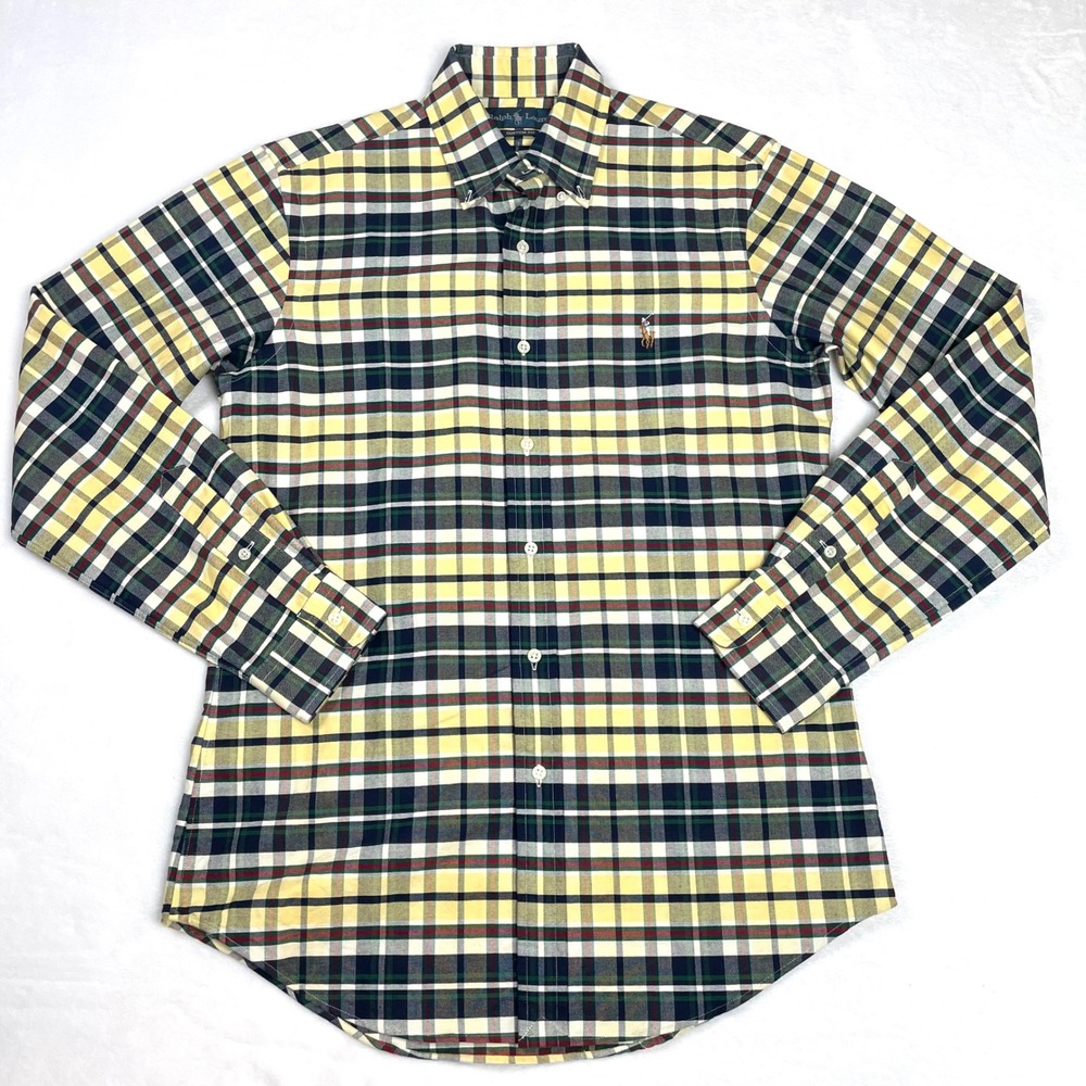Polo Ralph Lauren Button Down Cotton Mens Small Yellow Plaid Vintage Custom Fit
